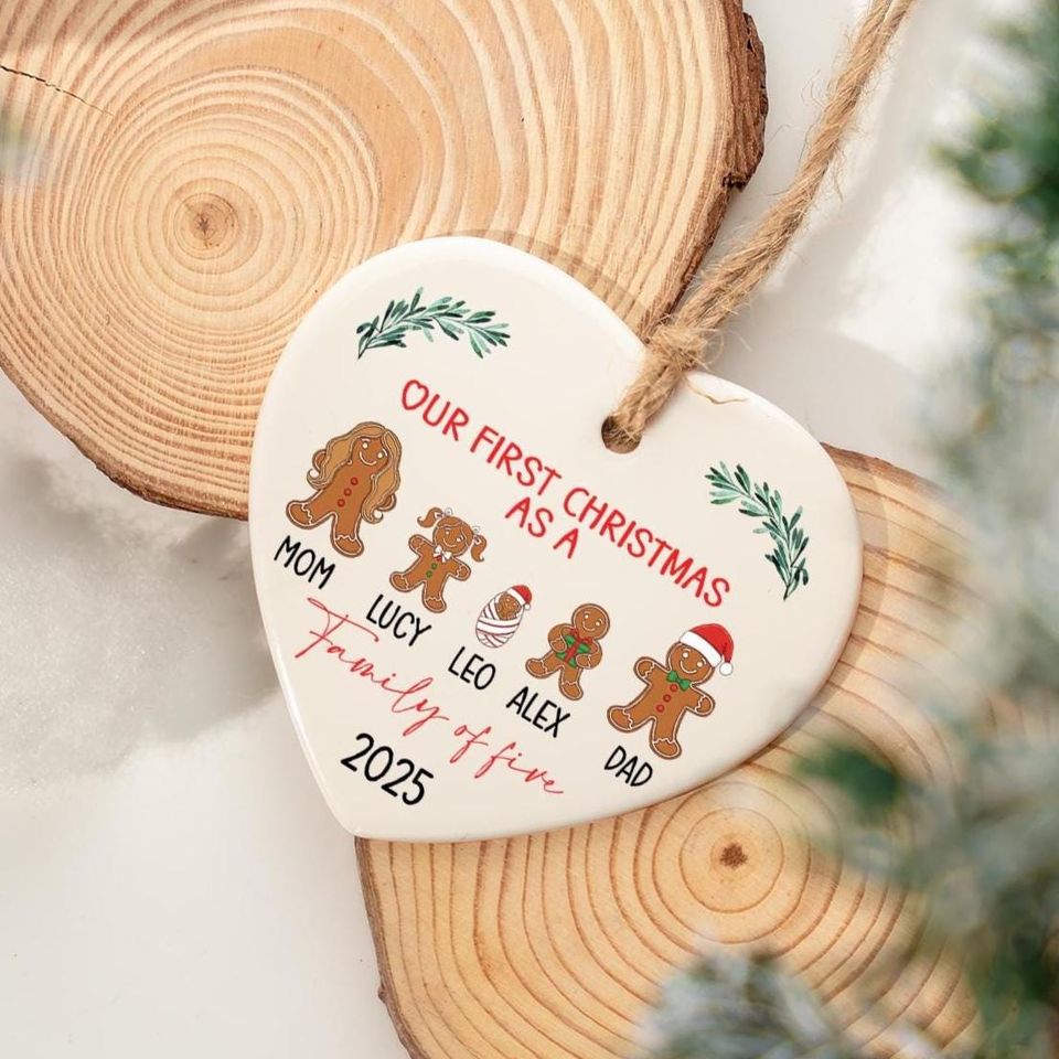 Personalized Family of 5 Christmas Gingerbread Ornament, Our First Christmas Keepsake