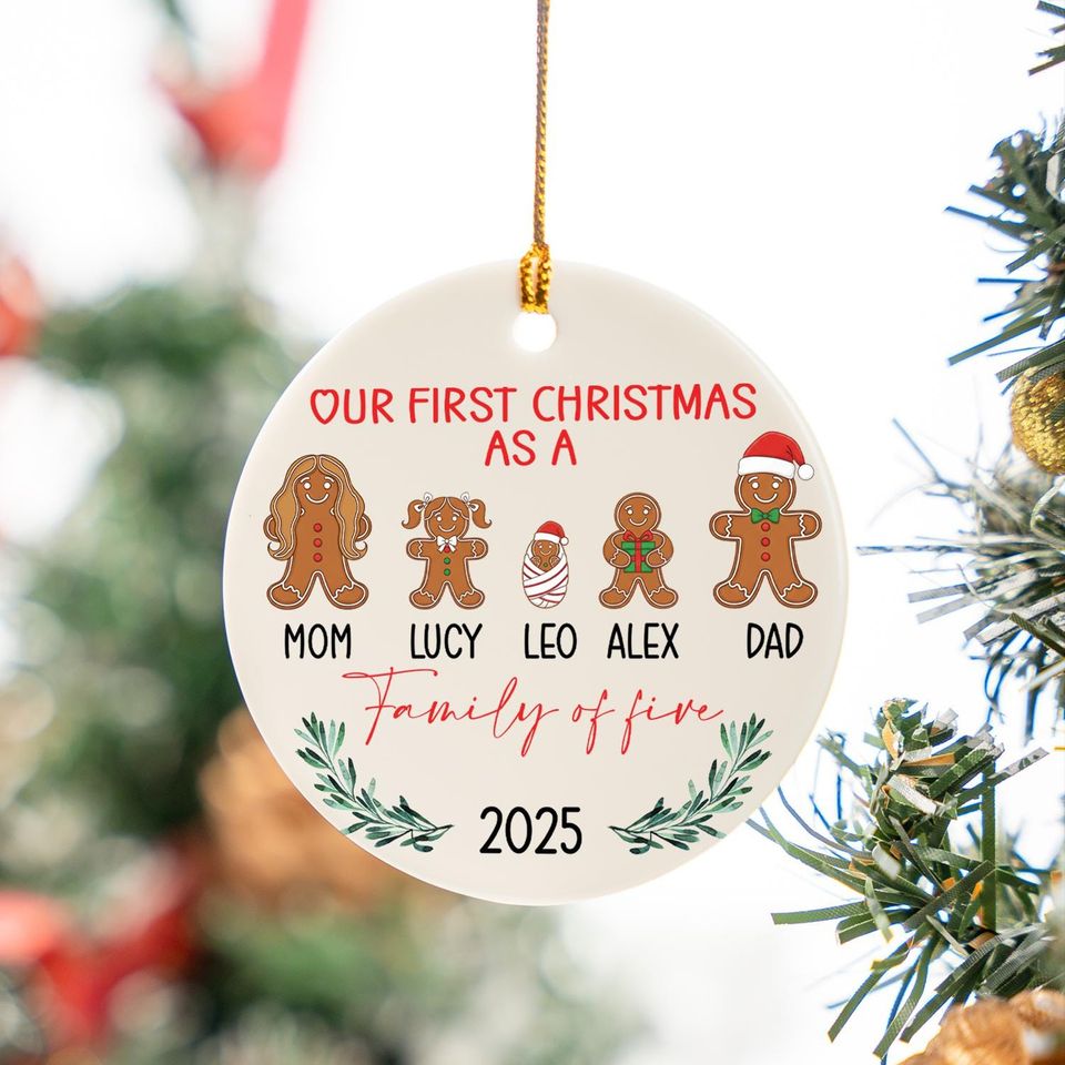 Personalized Family of 5 Christmas Gingerbread Ornament, Our First Christmas Keepsake