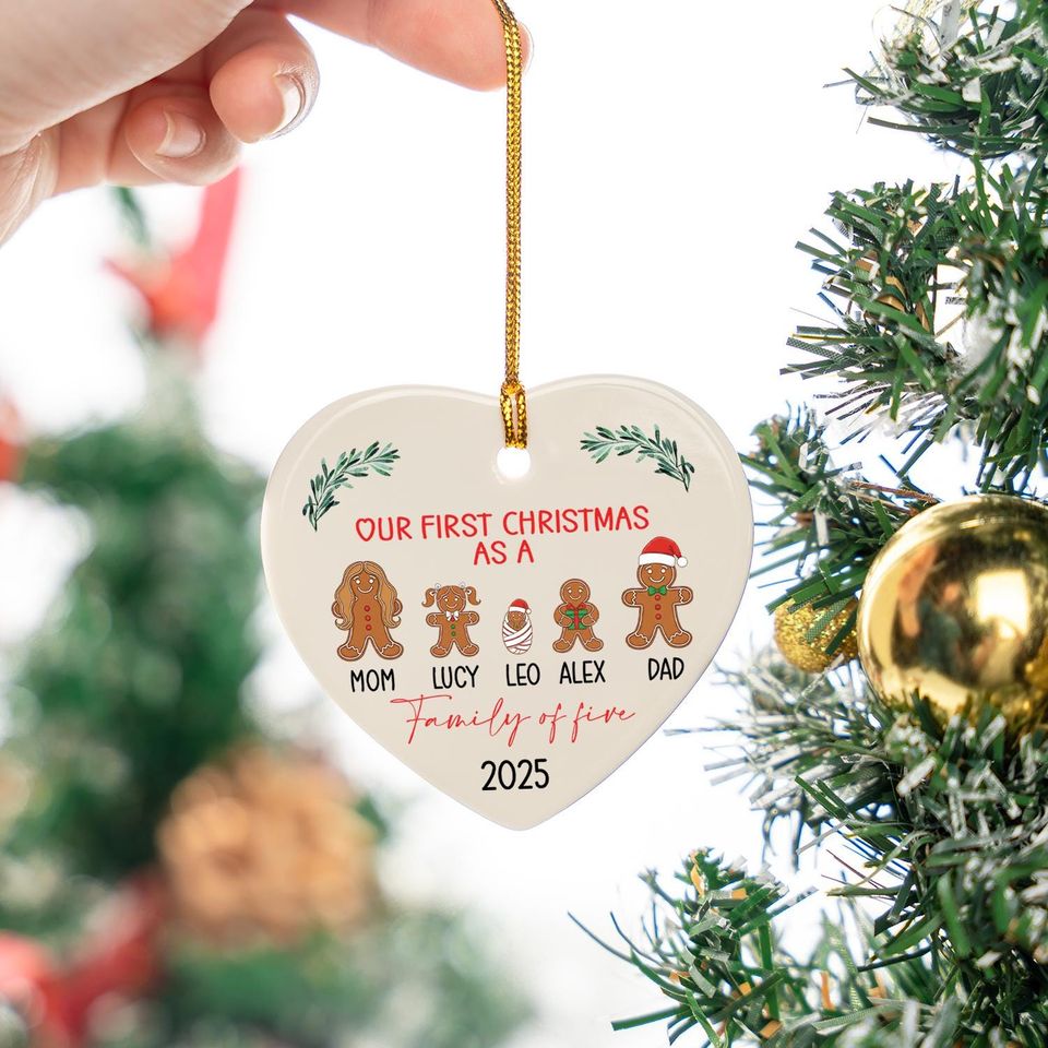 Personalized Family of 5 Christmas Gingerbread Ornament, Our First Christmas Keepsake