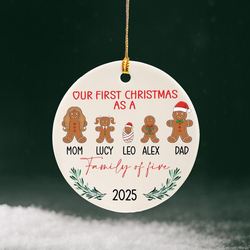 Personalized Family of 5 Christmas Gingerbread Ornament, Our First Christmas Keepsake
