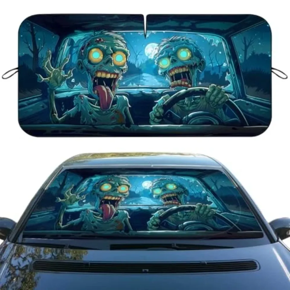 Car Front Window Sun Shield Cool Cartoon Halloween 59"L x 31.5"W Funny Zombie
