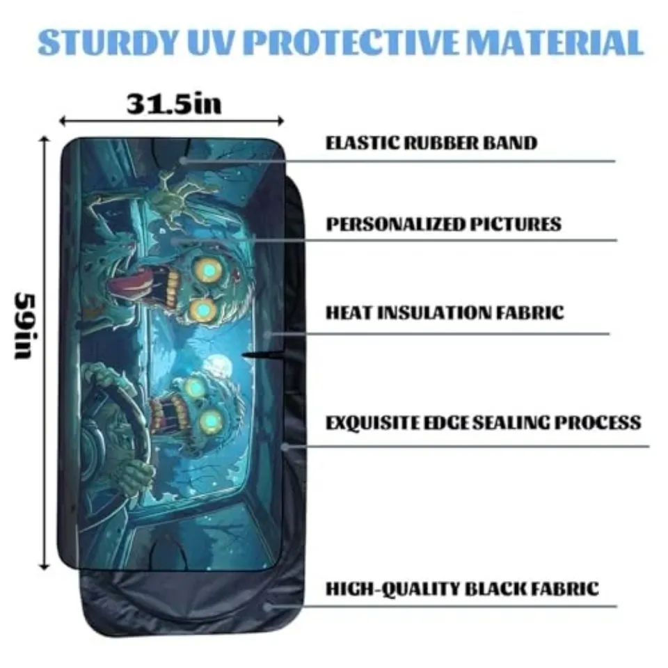 Car Front Window Sun Shield Cool Cartoon Halloween 59"L x 31.5"W Funny Zombie