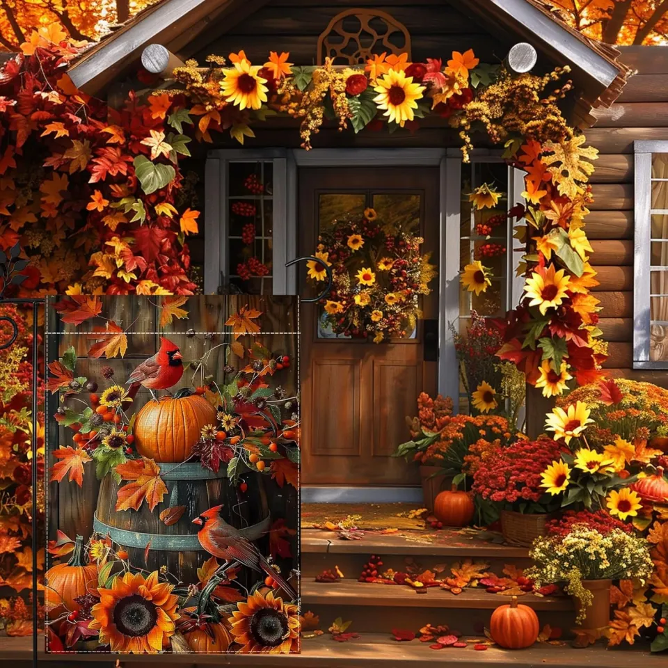 Cardinal Red Garden Flag Double Sided Burlap Fall Pumpkin Sunflower