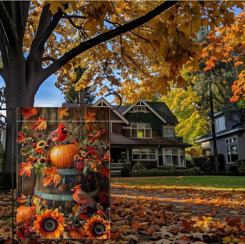 Cardinal Red Garden Flag Double Sided Burlap Fall Pumpkin Sunflower