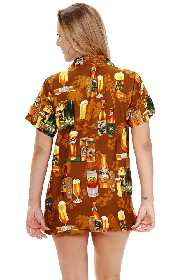 Funky Hawaiian Blouse Beer Bottle Pattern Hawaiian Shirt Brown