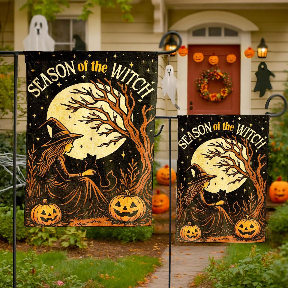 Witch & Cat Halloween Garden Flag: Spooky Autumn Decor