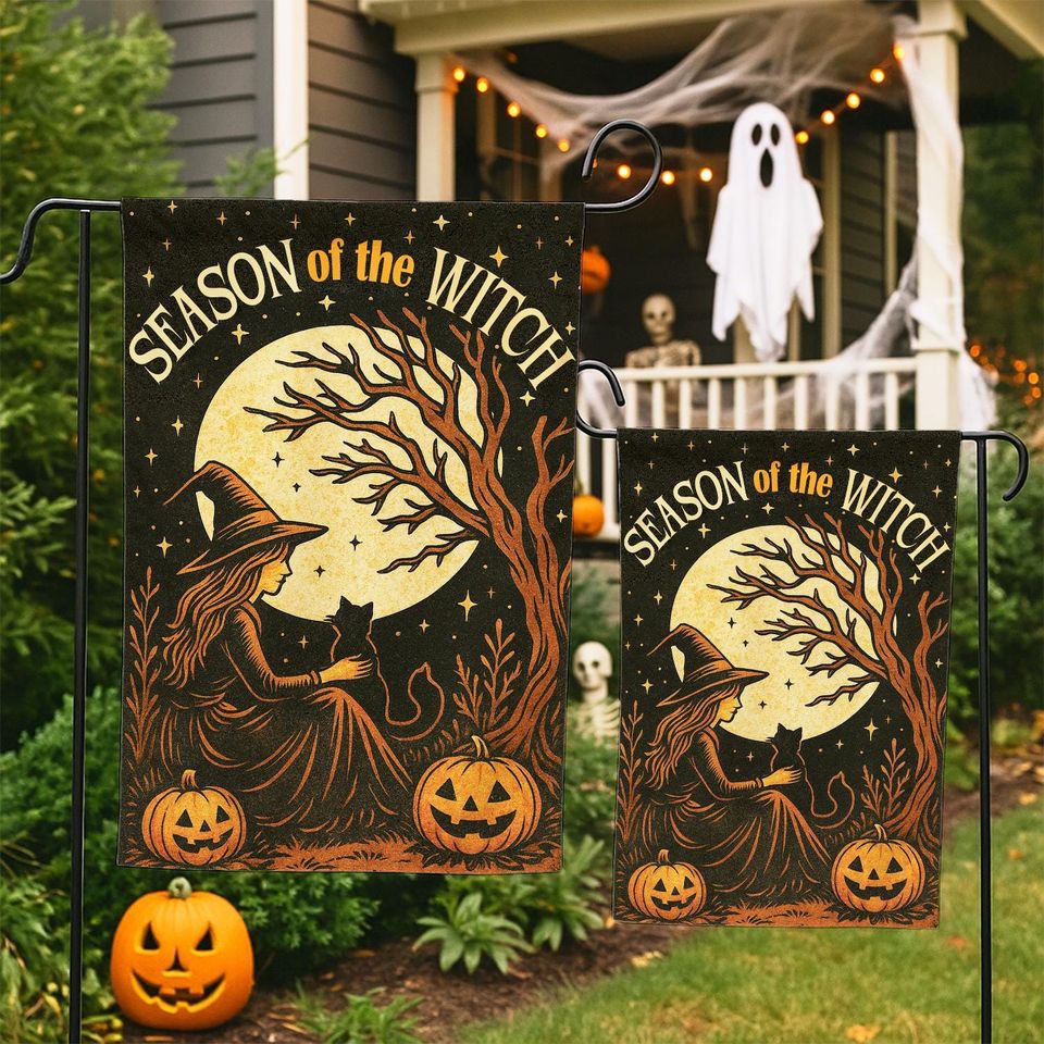 Witch & Cat Halloween Garden Flag: Spooky Autumn Decor