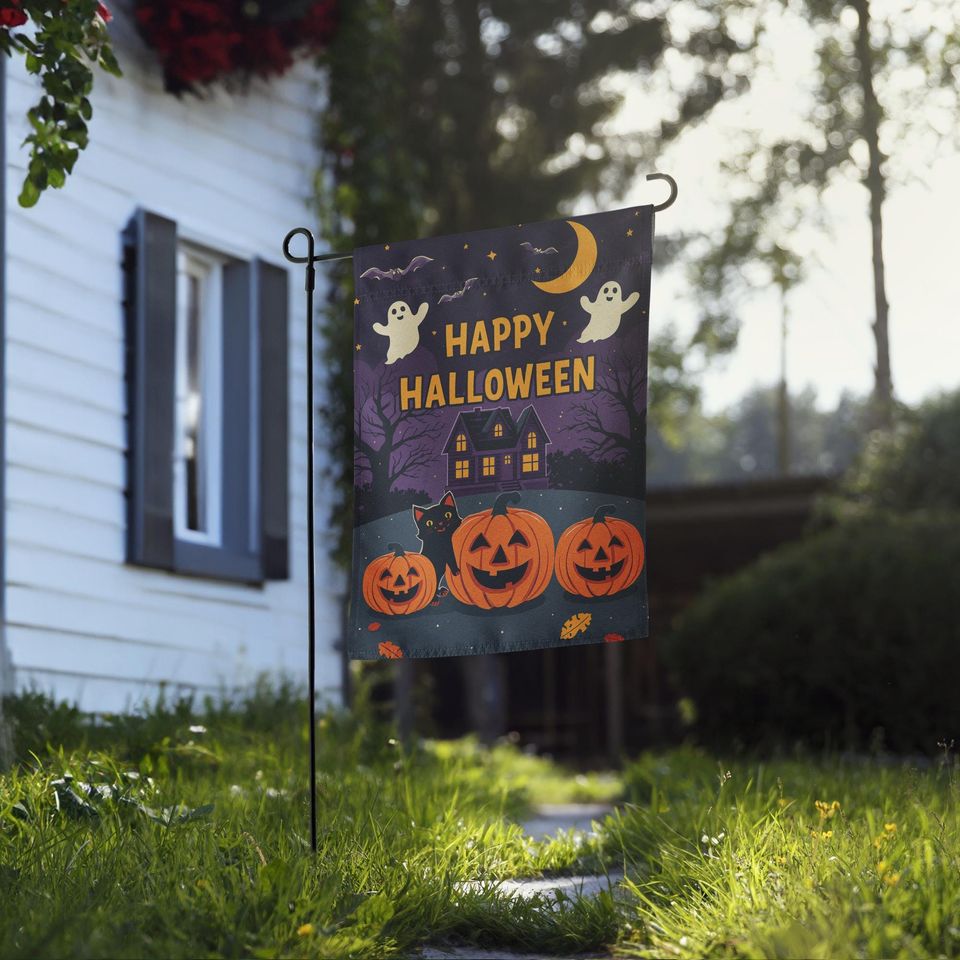 Halloween Garden Flag: Ghosts, Cat, Pumpkins - 12x17 Fall Decor