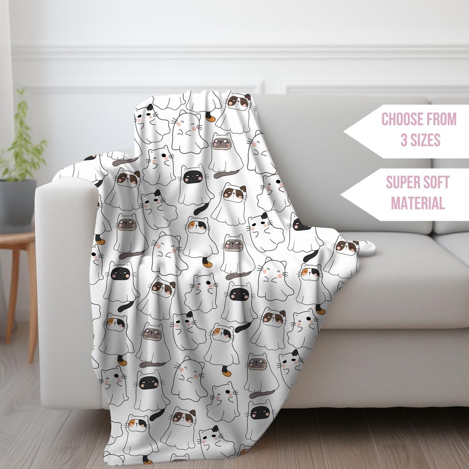 Halloween Cute Ghost Cat Blanket, Kawaii Cat Halloween, Spooky Black Cat, Ghost Blanket, Cat Lover Gift, Dorm Room Decor, Cozy Fall Bedding