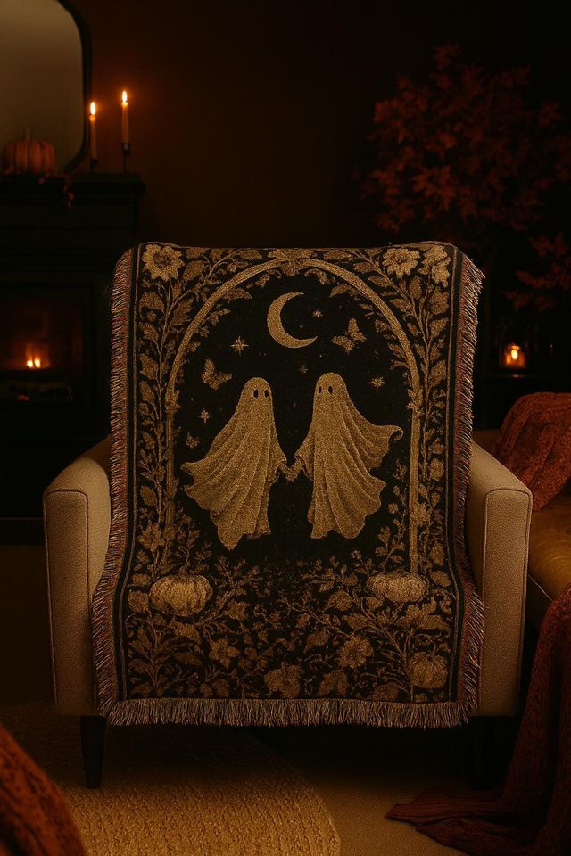 Ghost Woven Blanket: Gothic Boho Tapestry Throw, Black & Gold Floral