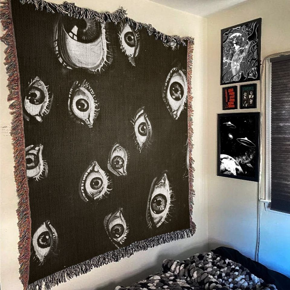 Evil Eye Woven Blanket: Vintage Horror Occult Decor
