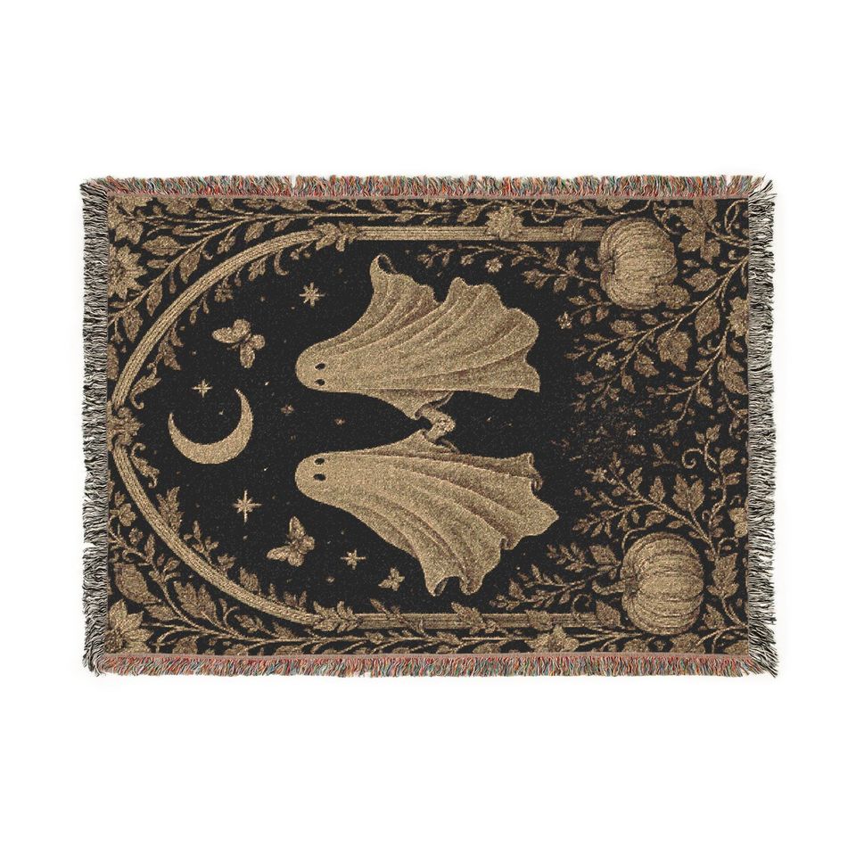 Ghost Woven Blanket: Gothic Boho Tapestry Throw, Black & Gold Floral