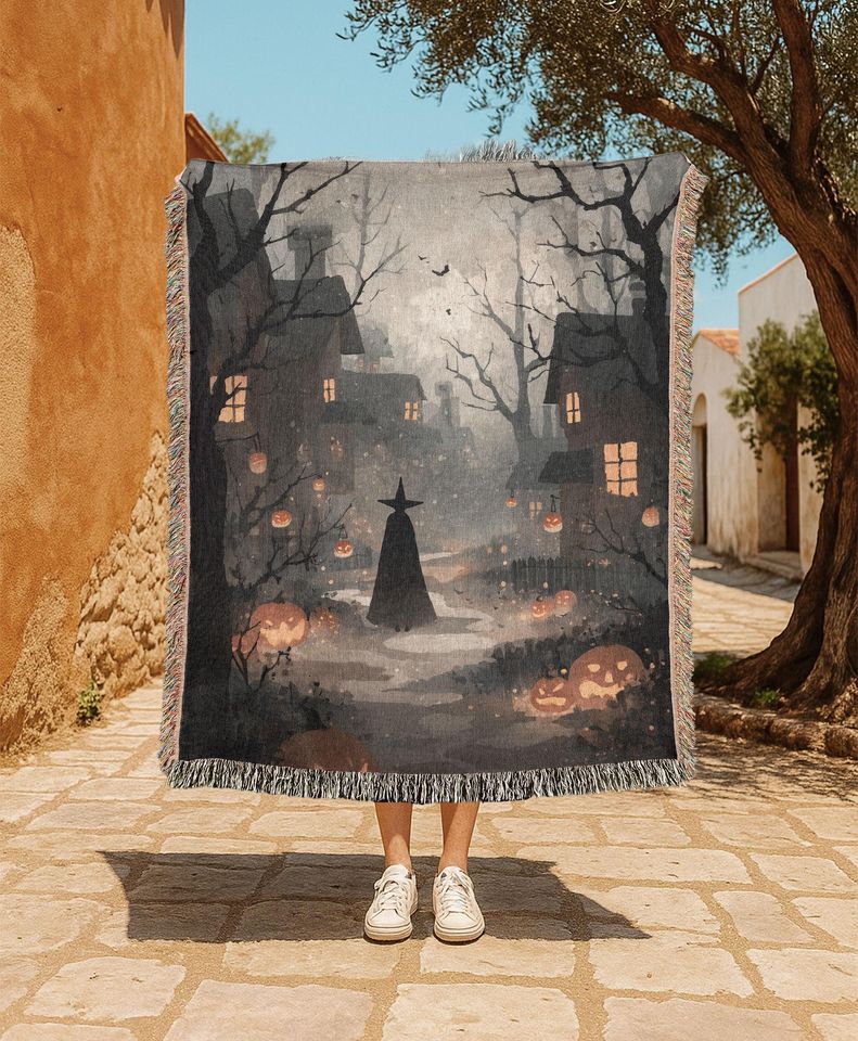 Halloween Witch   Woven Blanket, Spooky Fall Blanket, Witch Silhouette Blanket, Halloween Decor Blanket, Autumn Night Blanket Gift