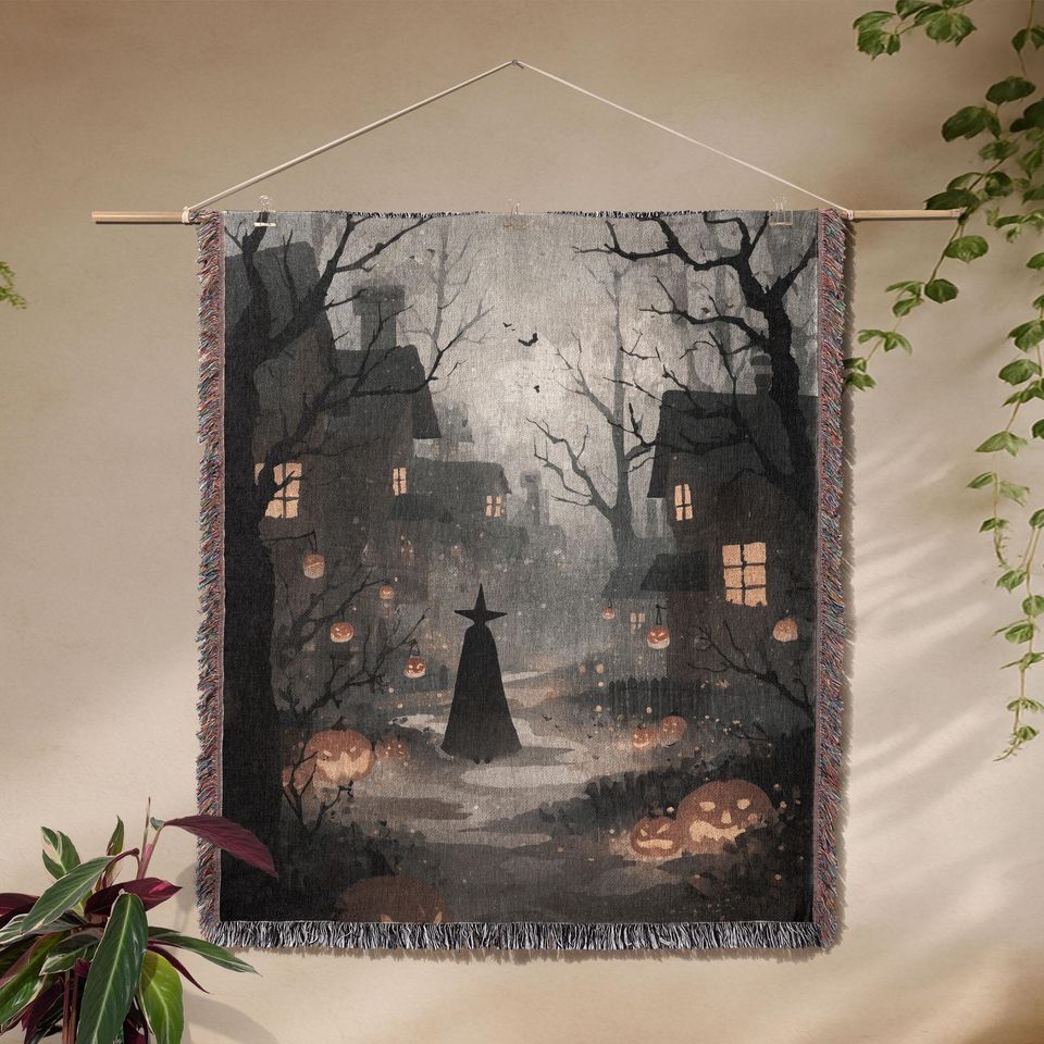 Halloween Witch   Woven Blanket, Spooky Fall Blanket, Witch Silhouette Blanket, Halloween Decor Blanket, Autumn Night Blanket Gift