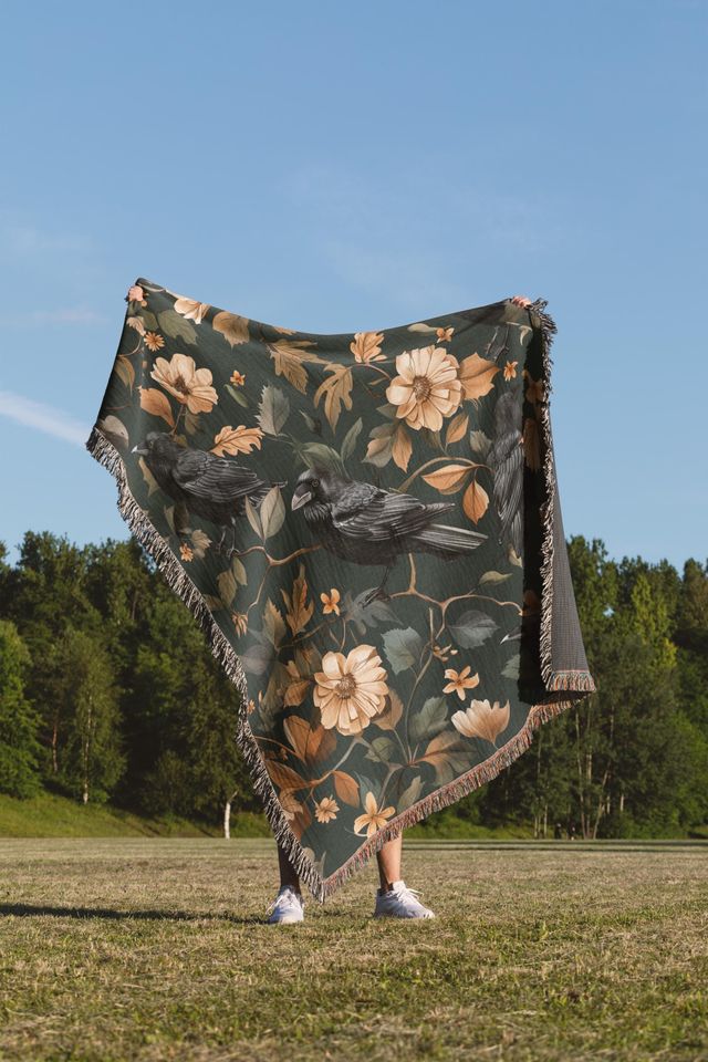 Woven Throw Blanket, Dark Cottagecore Witchy Blanket, Gothic Tapestry for Halloween Decor