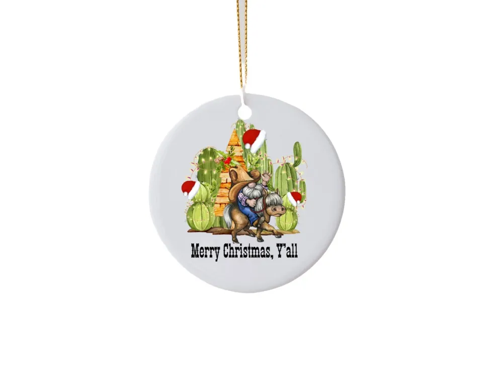 Merry Christmas Y'all Cactus Ceramic Ornament, Tree Decoration