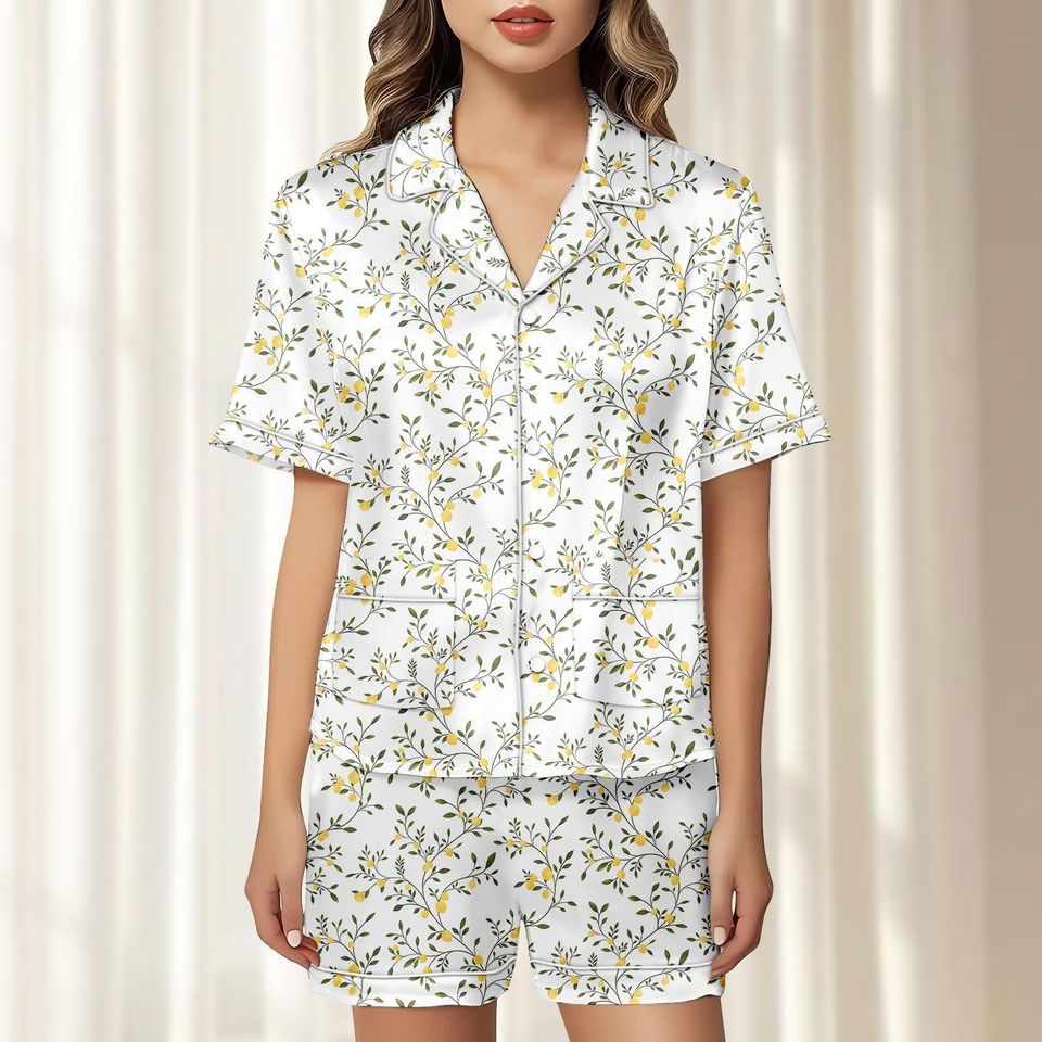 Lemon Satin Pajamas Short Set, Women Soft Sleepwear, Botanical Citrus Print Matching Pjs, Lightweight Summer Loungewear, Gift For Her