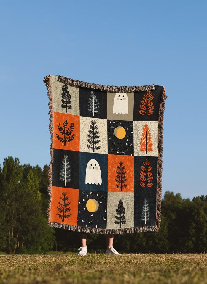 Ghost Forest Woven Blanket: Halloween Cottagecore Tapestry