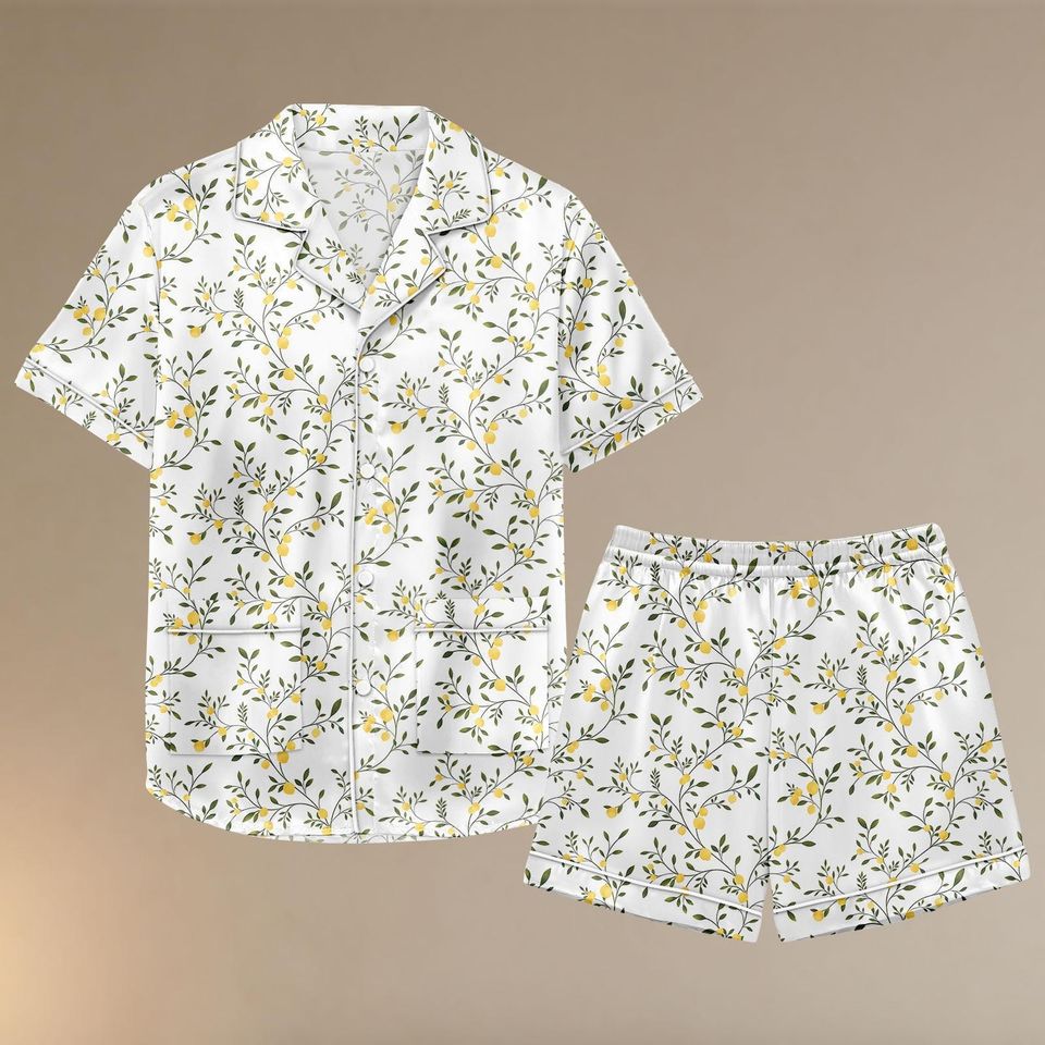 Lemon Satin Pajamas Short Set, Women Soft Sleepwear, Botanical Citrus Print Matching Pjs, Lightweight Summer Loungewear, Gift For Her