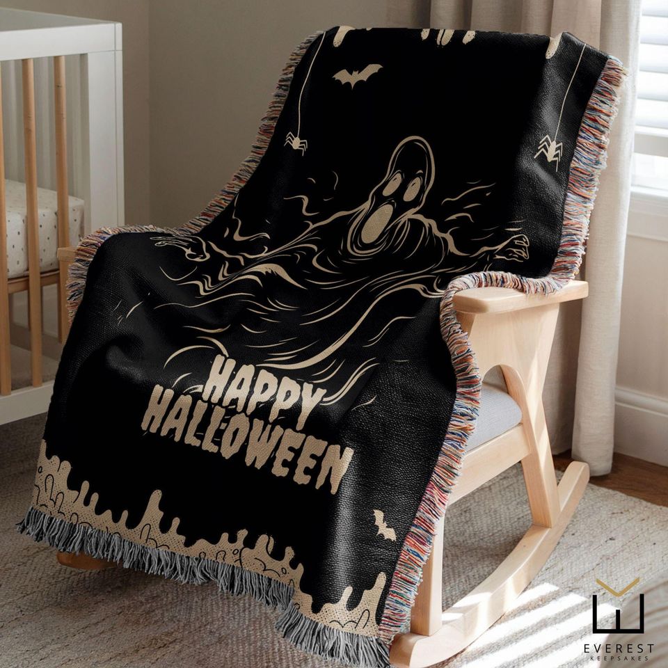 Halloween Woven Blanket: Custom Ghost Throw, Fall Decor