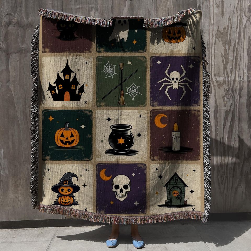 Halloween Woven Throw Blanket: Whimsigoth Patchwork, Spooky Season Decor