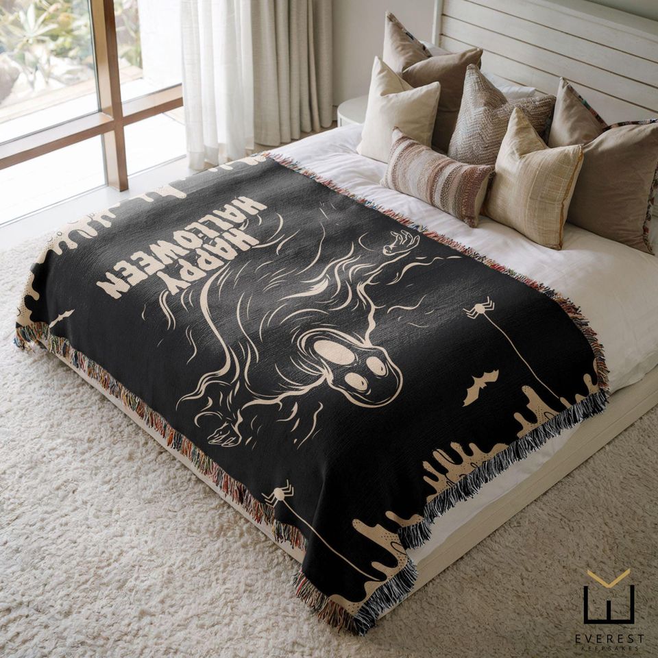 Halloween Woven Blanket: Custom Ghost Throw, Fall Decor
