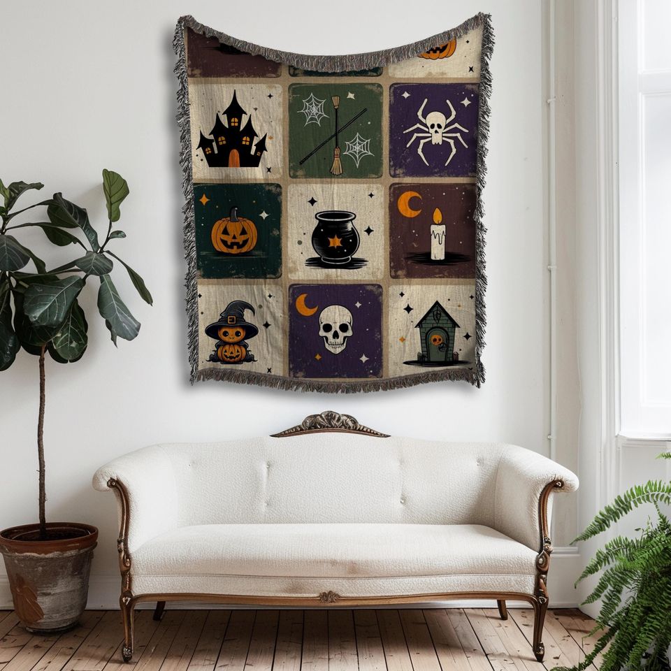 Halloween Woven Throw Blanket: Whimsigoth Patchwork, Spooky Season Decor