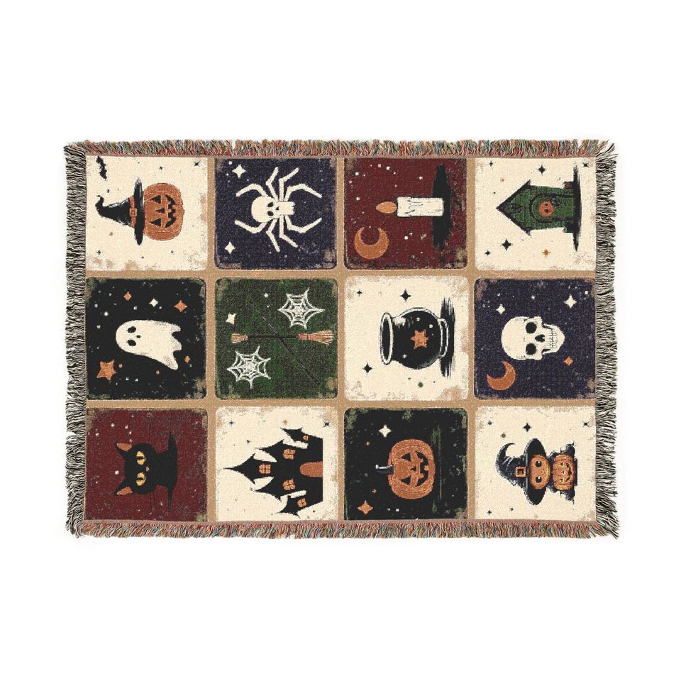 Halloween Woven Throw Blanket: Whimsigoth Patchwork, Spooky Season Decor
