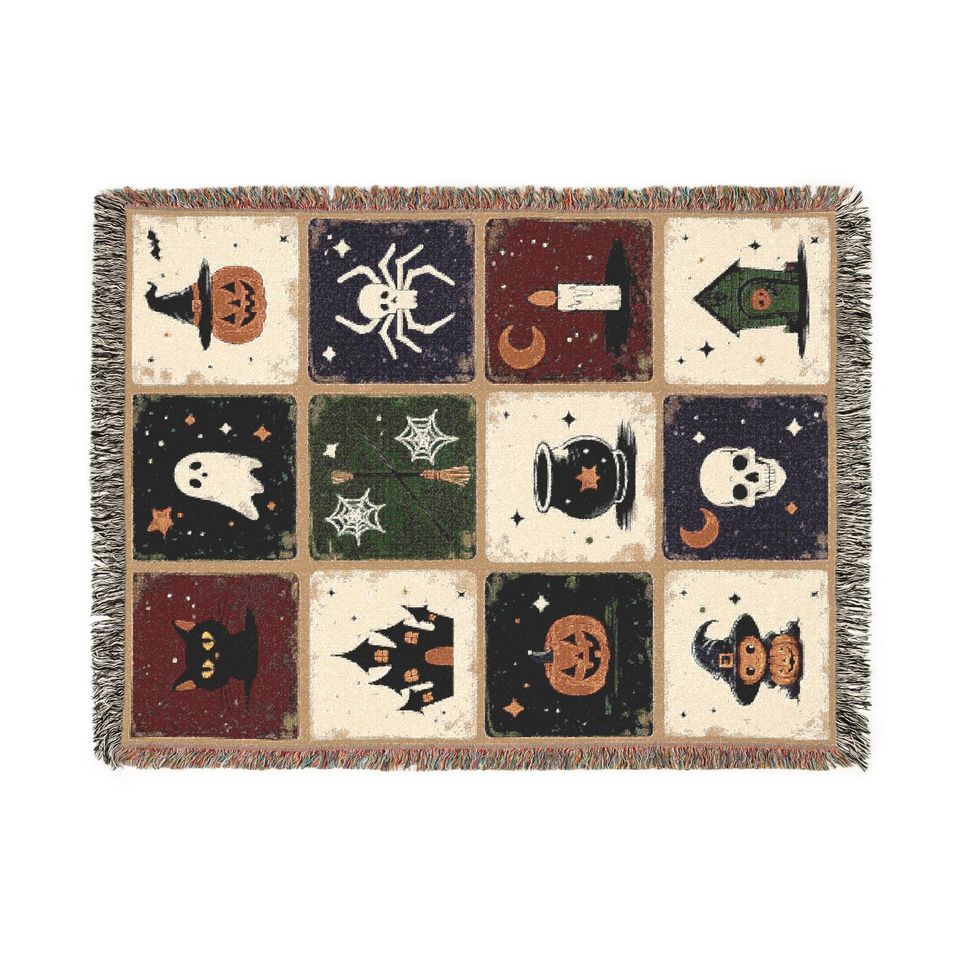 Halloween Woven Throw Blanket: Whimsigoth Patchwork, Spooky Season Decor
