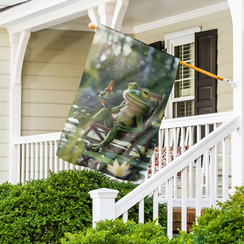 Funny Frog Drinking Beer Flag, Groovy Drunker Frog Flag, Frog Welcome Flag