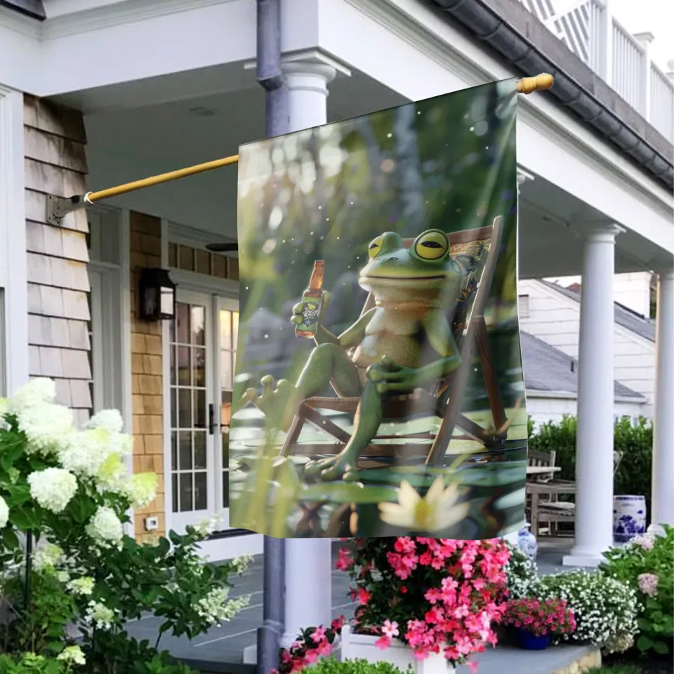 Funny Frog Drinking Beer Flag, Groovy Drunker Frog Flag, Frog Welcome Flag