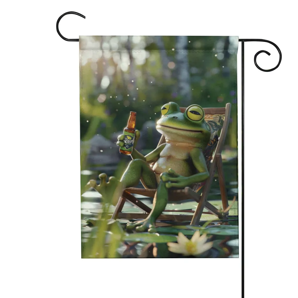 Funny Frog Drinking Beer Flag, Groovy Drunker Frog Flag, Frog Welcome Flag
