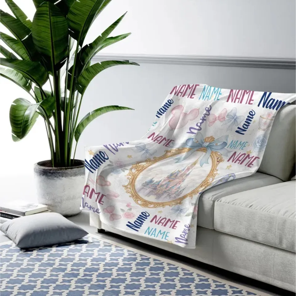 Disney Mickey Coquette Bows Castle In Mirror Watercolor Customize Fleece Blanket