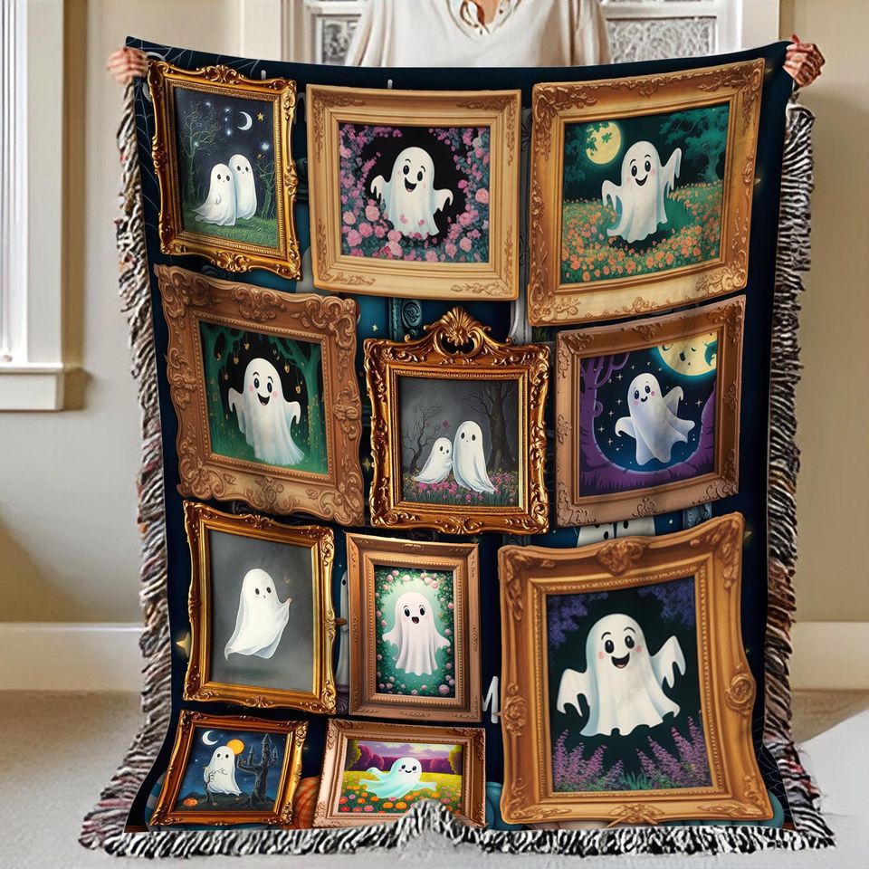 Retro Halloween Ghost Woven Throw Blanket: Spooky Gothic Home Decor