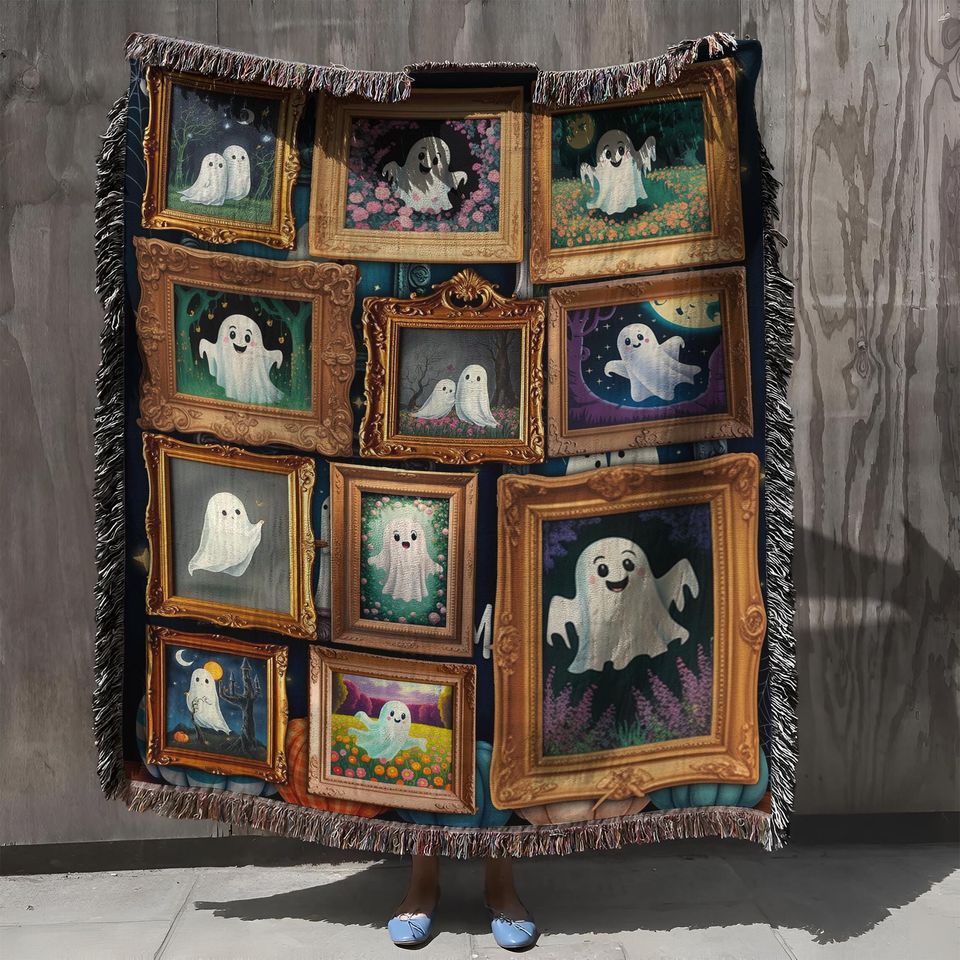 Retro Halloween Ghost Woven Throw Blanket: Spooky Gothic Home Decor
