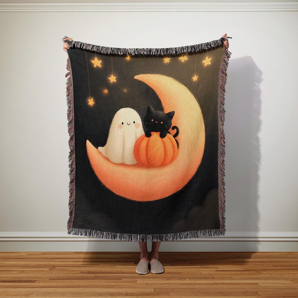 Celestial Ghost and Cat Woven Blanket: Starry Halloween Nursery Throw