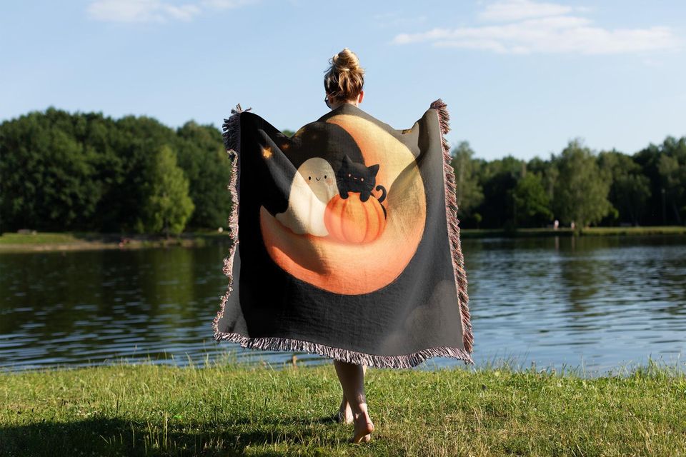 Celestial Ghost and Cat Woven Blanket: Starry Halloween Nursery Throw