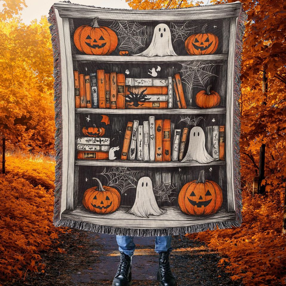 Halloween Bookshelf Woven Throw Blanket: Spooky Cottagecore Decor