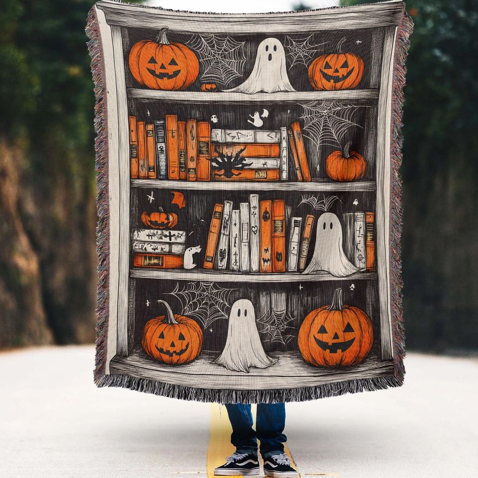 Halloween Bookshelf Woven Throw Blanket: Spooky Cottagecore Decor