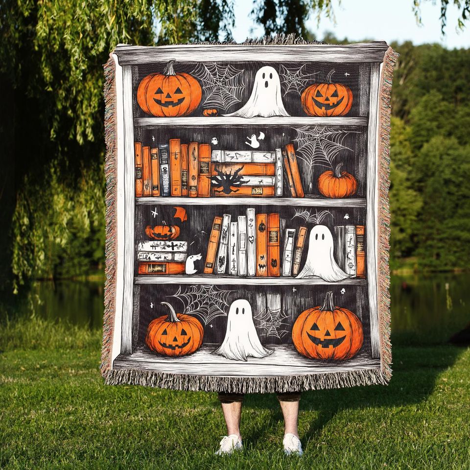 Halloween Bookshelf Woven Throw Blanket: Spooky Cottagecore Decor
