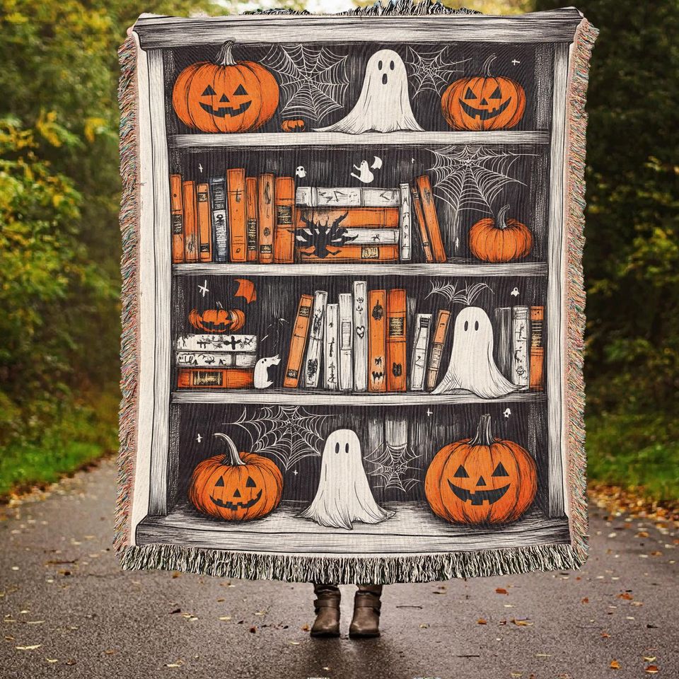 Halloween Bookshelf Woven Throw Blanket: Spooky Cottagecore Decor