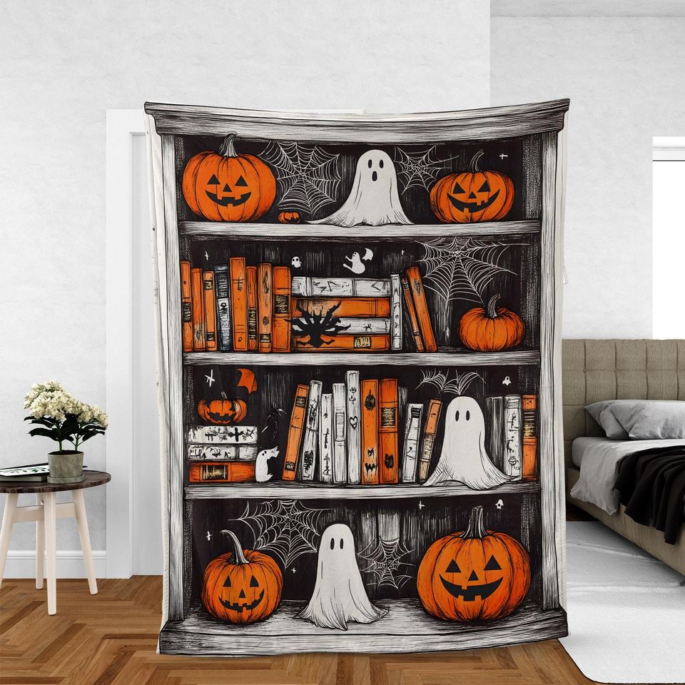 Halloween Bookshelf Woven Throw Blanket: Spooky Cottagecore Decor