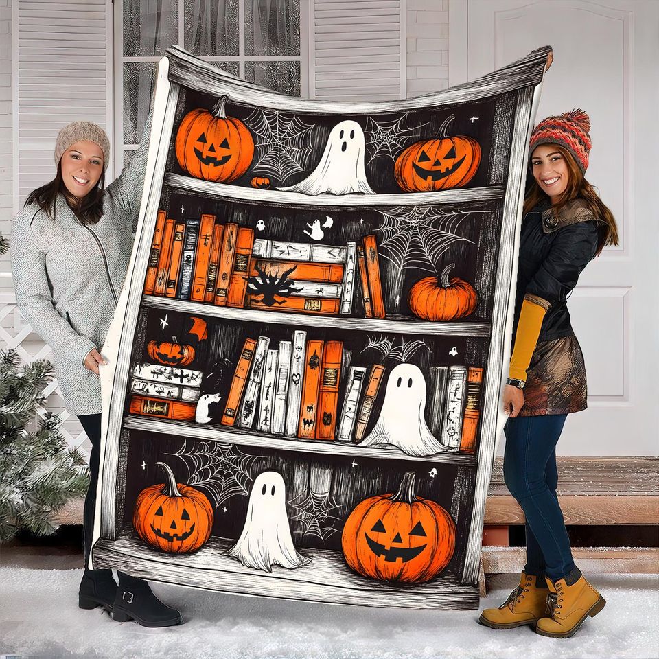 Halloween Bookshelf Woven Throw Blanket: Spooky Cottagecore Decor