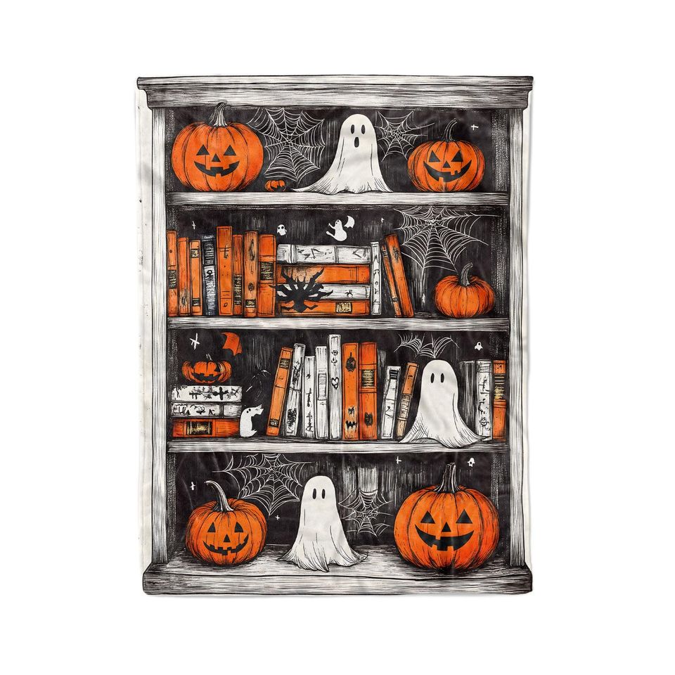 Halloween Bookshelf Woven Throw Blanket: Spooky Cottagecore Decor