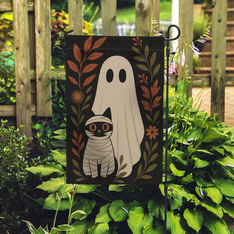 Halloween Garden Flag: Ghost and Mummy Cat Decor