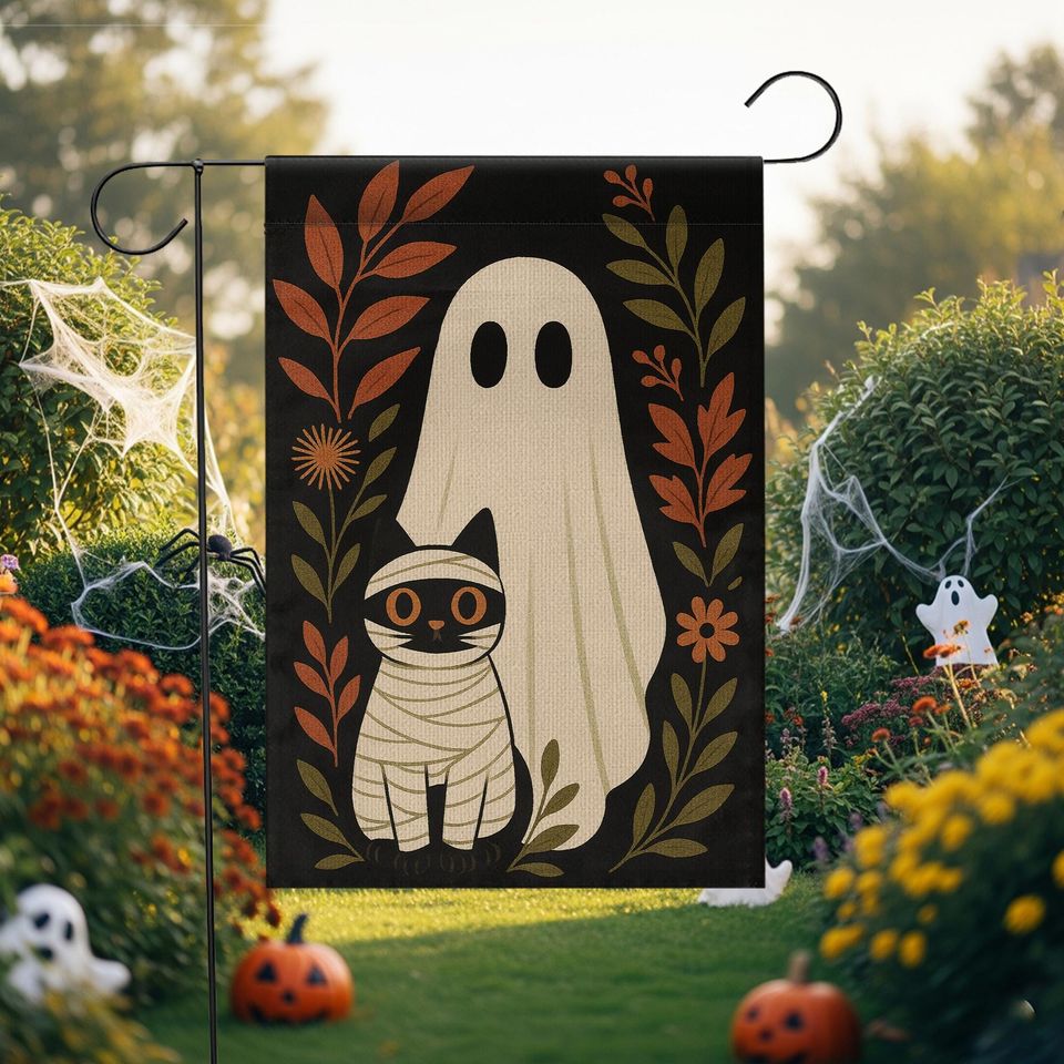Halloween Garden Flag: Ghost and Mummy Cat Decor