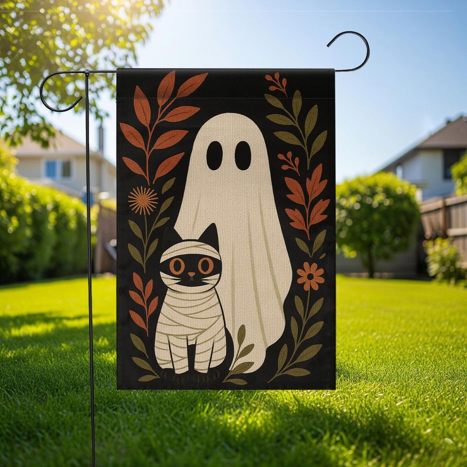 Halloween Garden Flag: Ghost and Mummy Cat Decor