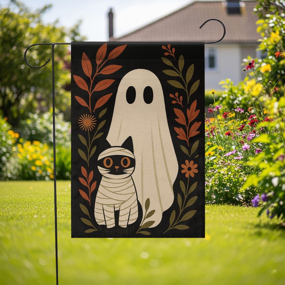 Halloween Garden Flag: Ghost and Mummy Cat Decor