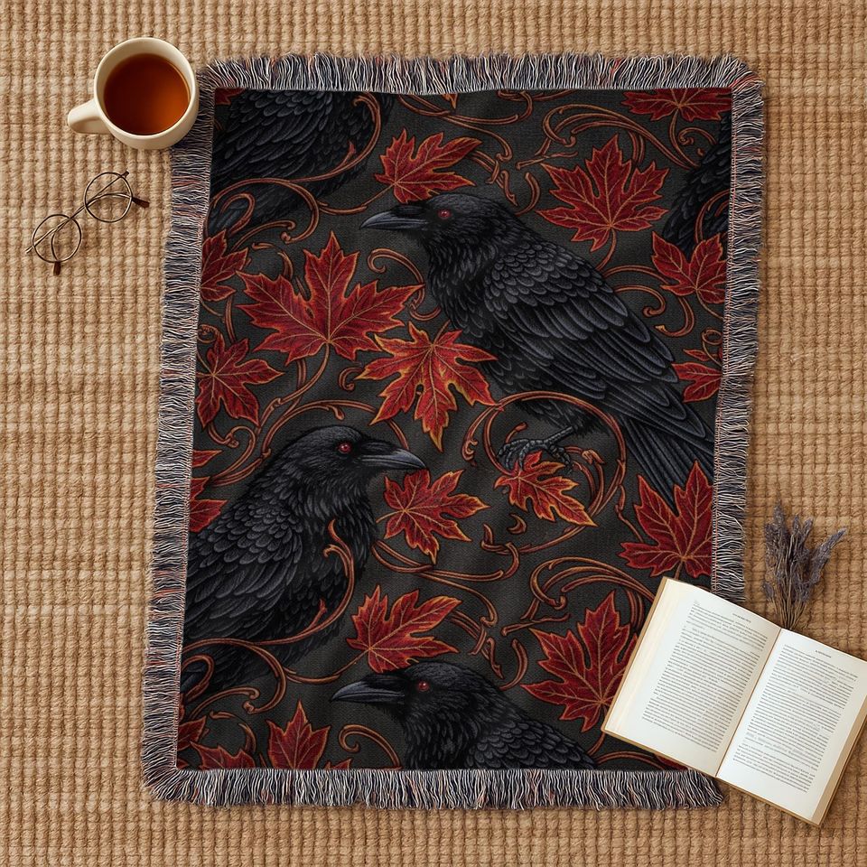 Gothic Raven Woven Blanket: Autumn Crow and Red Maple Leaves Throw