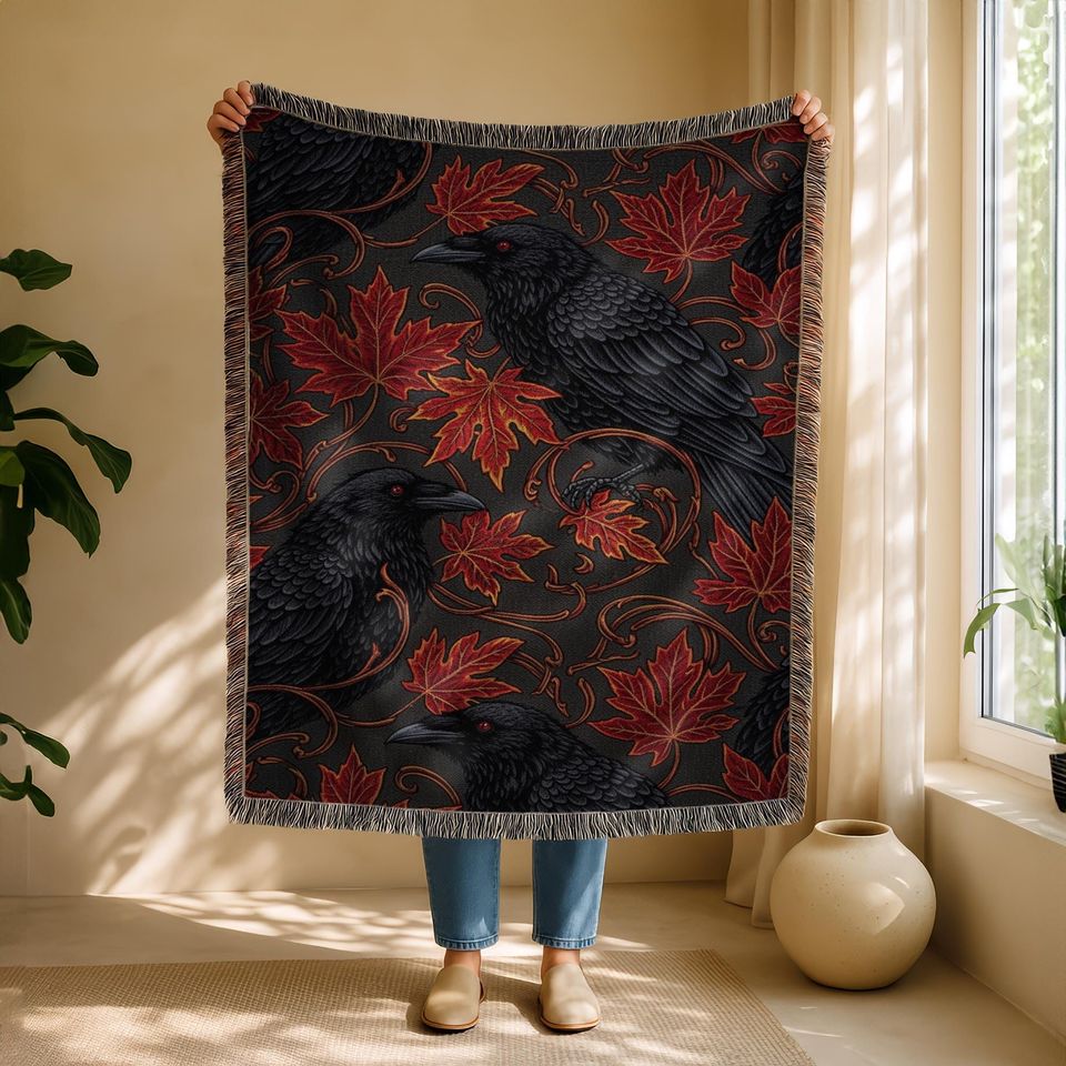 Gothic Raven Woven Blanket: Autumn Crow and Red Maple Leaves Throw